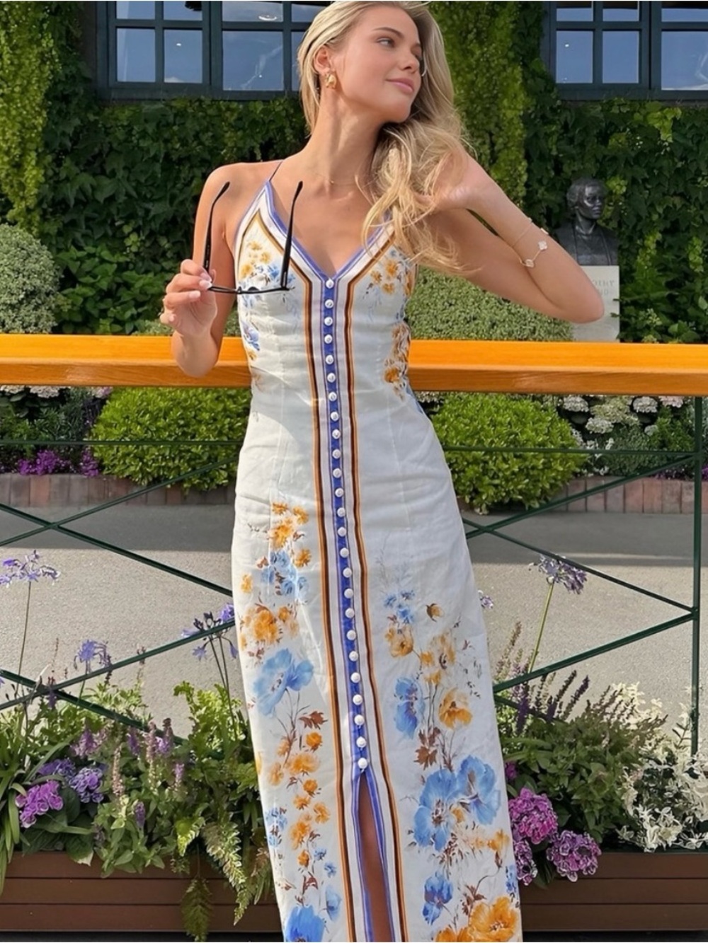 Commense Floral Button-Front Maxi Dress in White and Blue